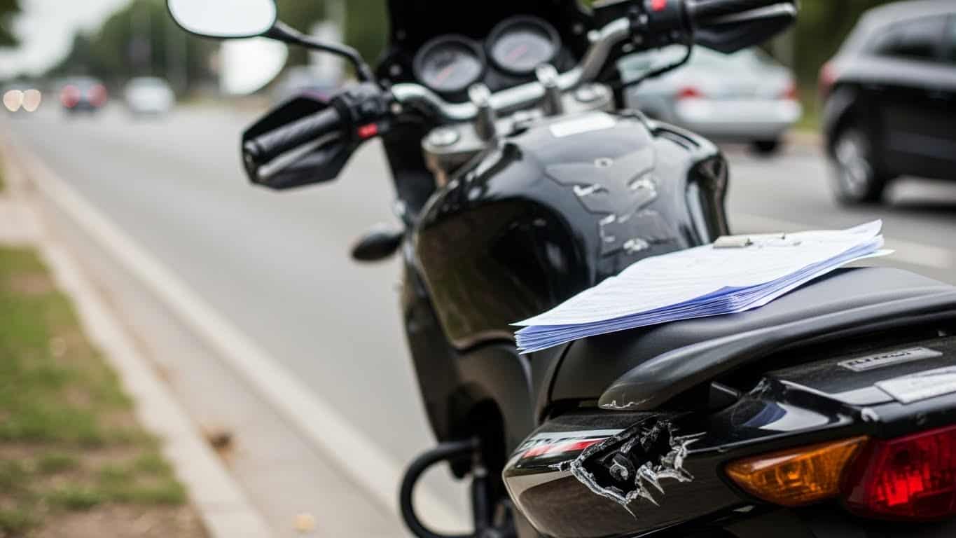 Moto com papéis na bagagem, dano na carenagem traseira, destaque para segurança e manutenção de motocicletas.