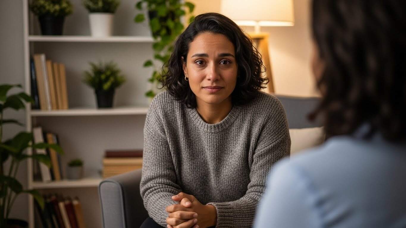 Imagem de duas mulheres conversando, ambiente acolhedor com plantas e iluminação confortável.