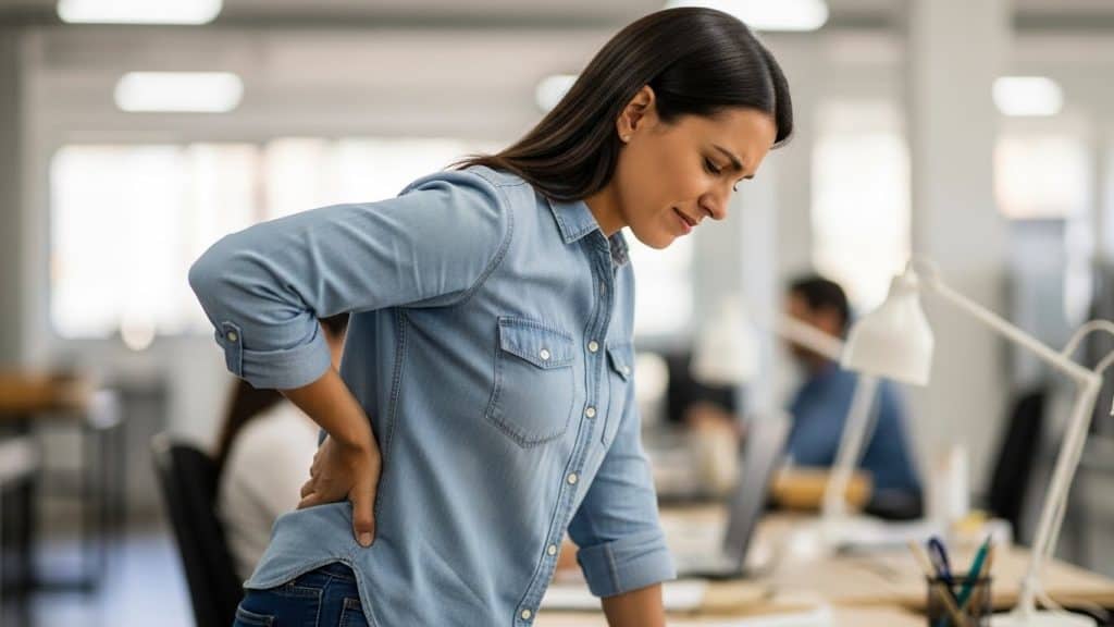 Dor nas costas, dor de coluna, saúde, escritório, bem-estar, trabalho sedentário.