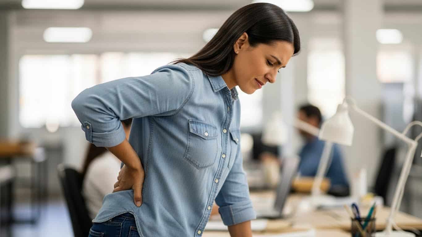 Dor nas costas, dor de coluna, saúde, escritório, bem-estar, trabalho sedentário.