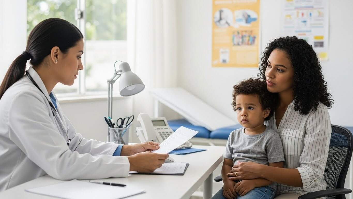 Imagem de uma consulta médica com mãe e filho em consultório.