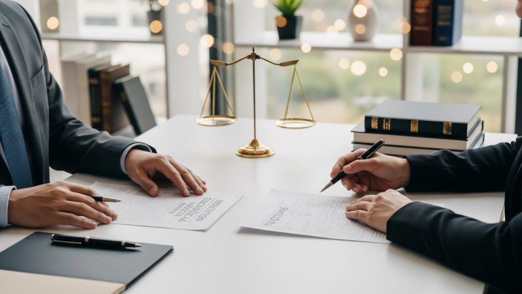Imagem de duas pessoas assinando contratos na presença de uma balança de justiça, símbolo de advocacia e responsabilidade legal.