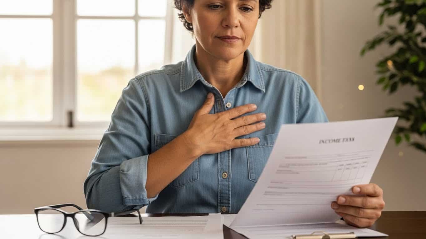 Homem com mão no peito, examinando documento de saúde, ambiente iluminado e confortável.