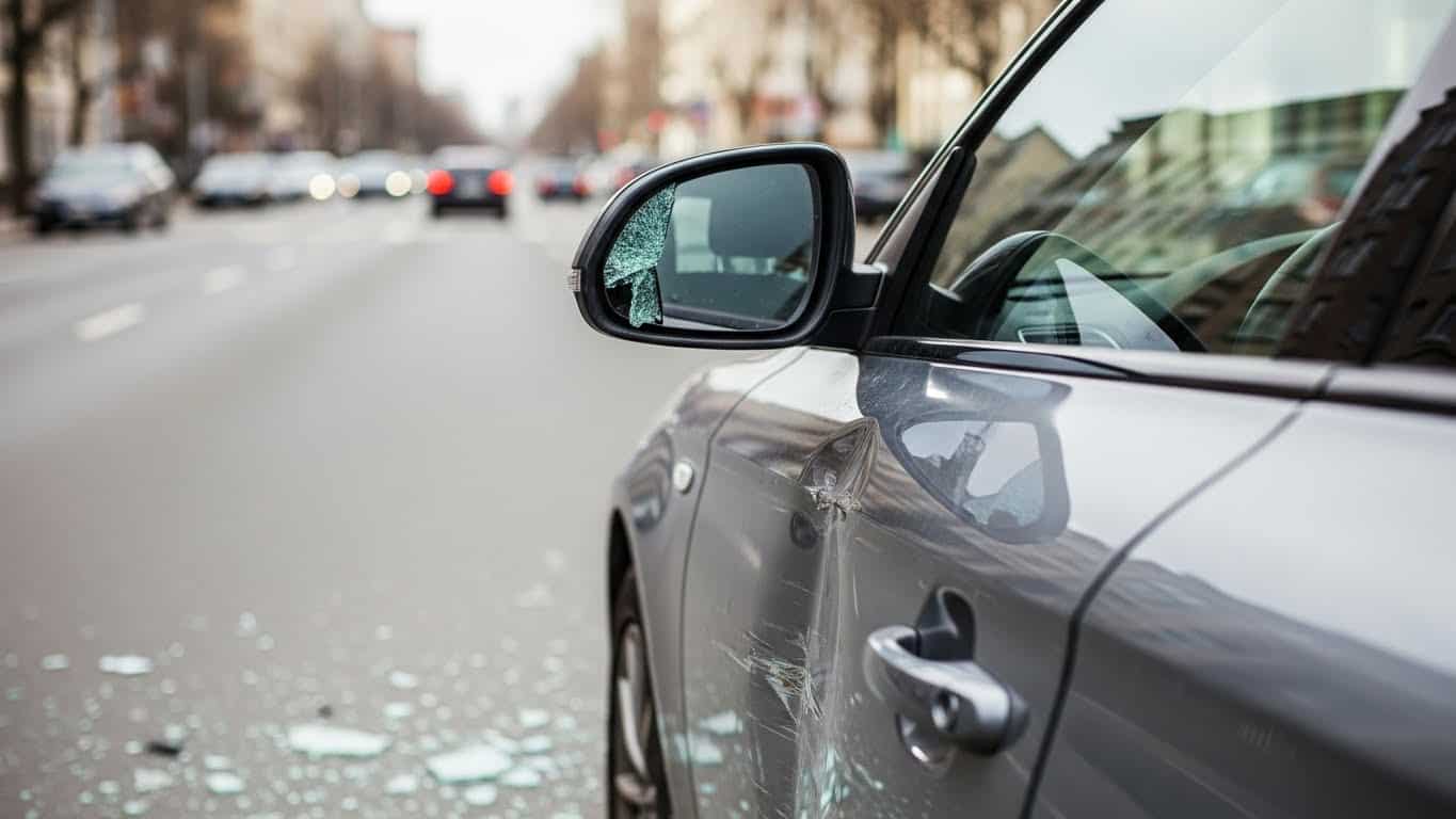 Vidro quebrado do lado do motorista após colisão de trânsito.