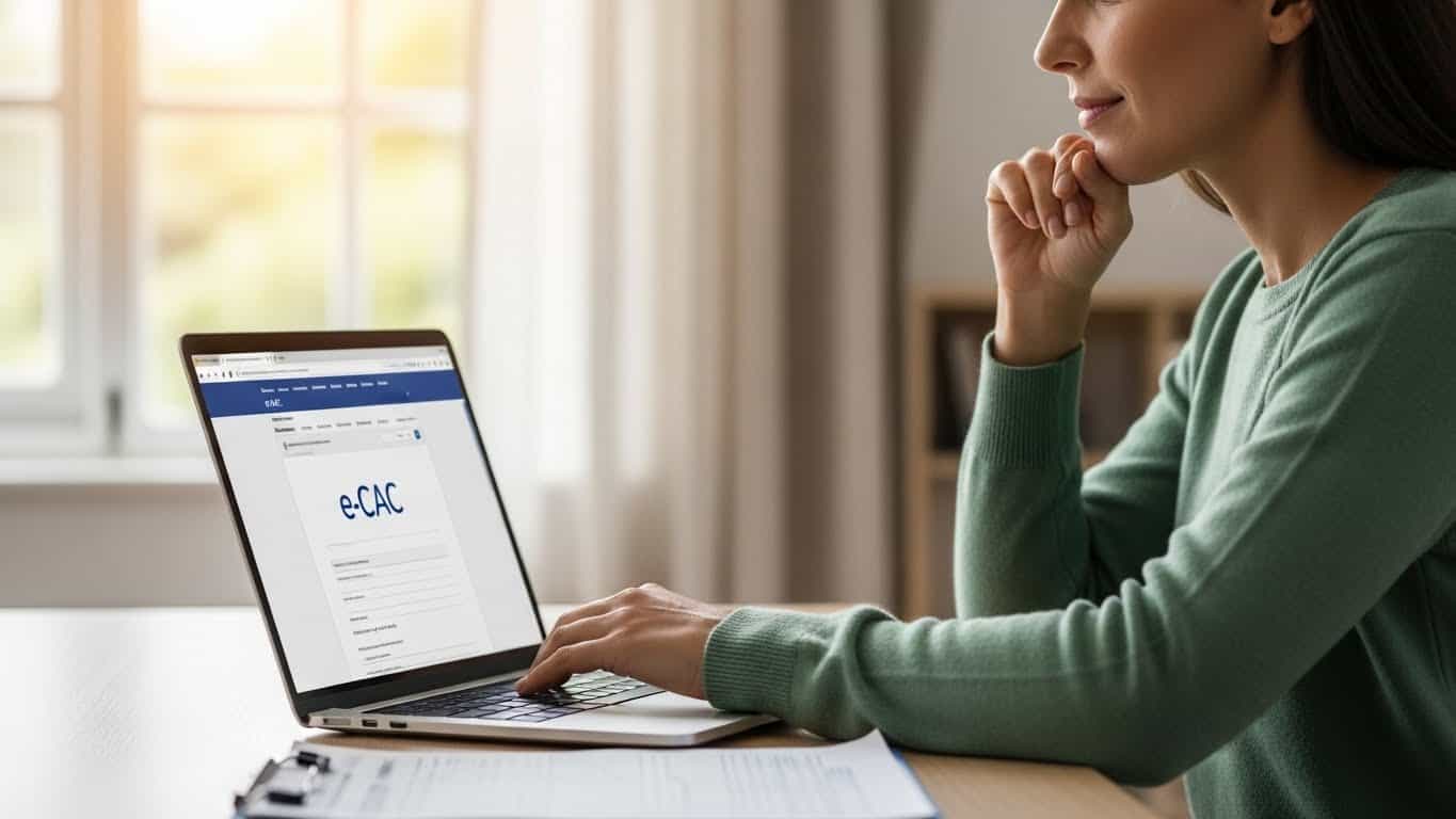 Imagem de uma mulher usando computador para consultar emissão de e-CAC.