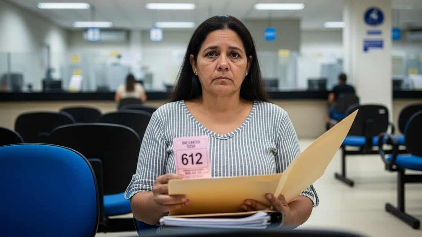 Mulher aguardando em fila de atendimento no aeroporto.