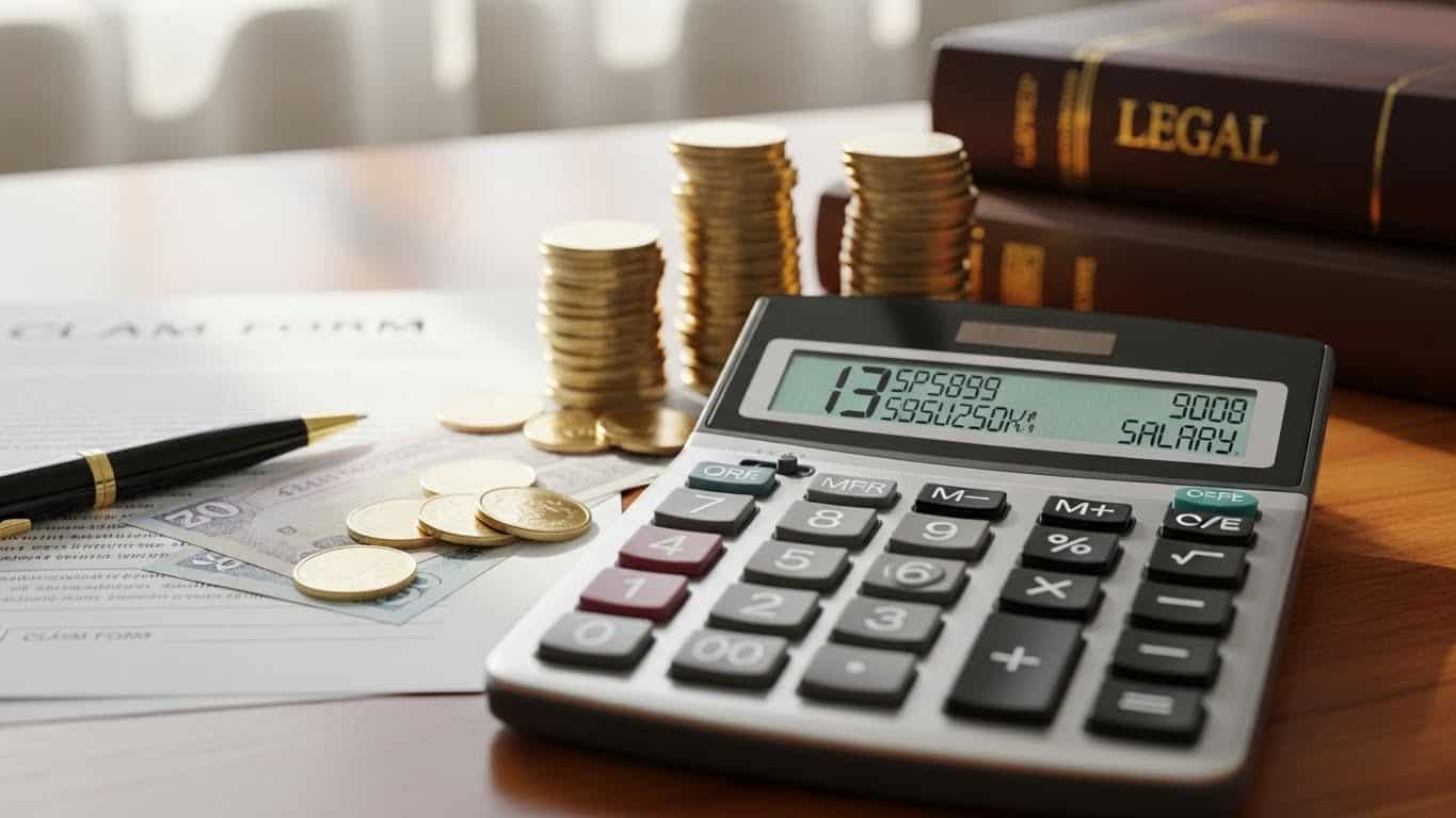 Calculadora com dinheiro e livros jurídicos ao fundo, simbolizando educação e advocacia.