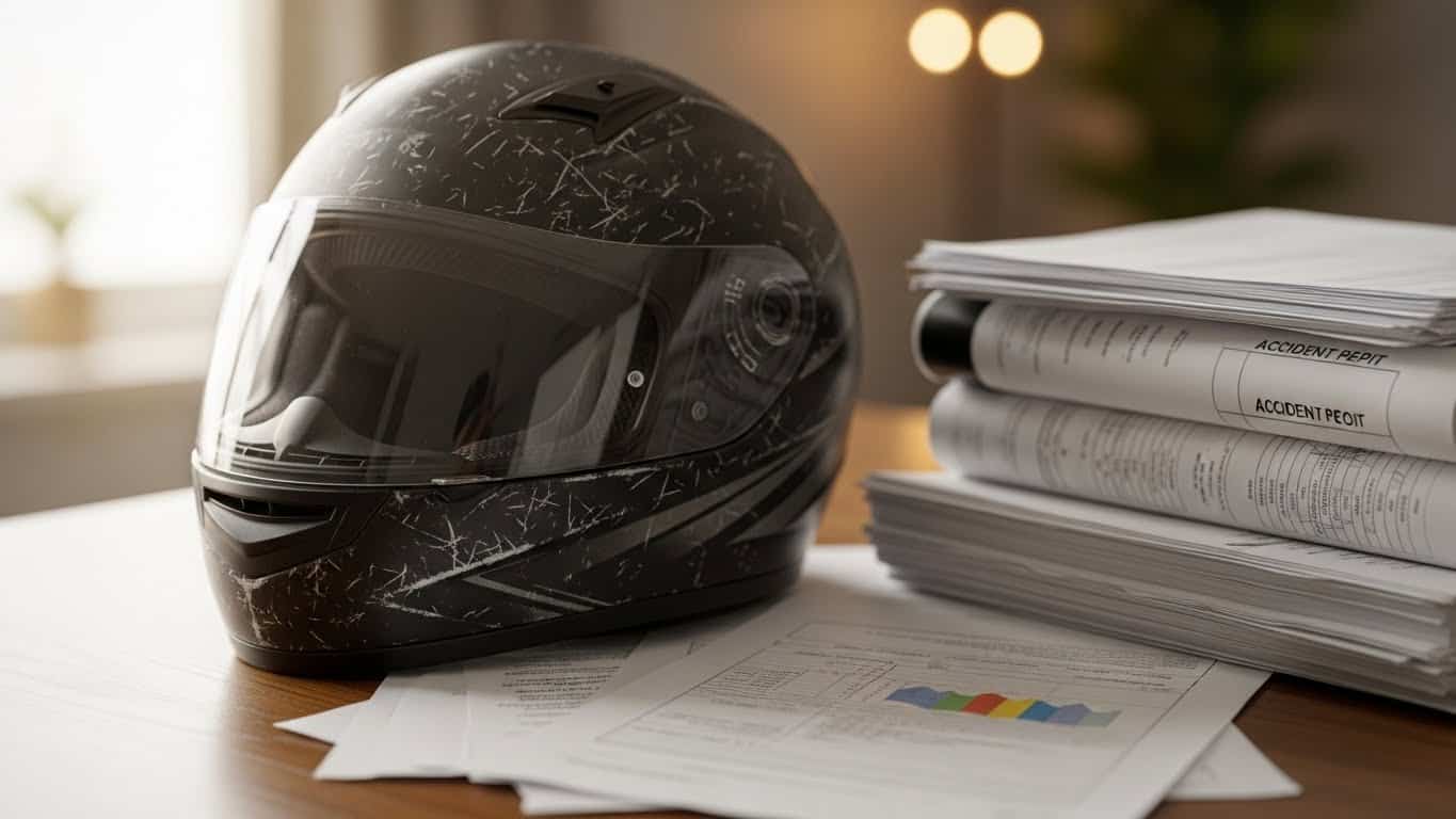 Capacete de moto preto com marcas brancas, ideal para proteção e segurança no trânsito.