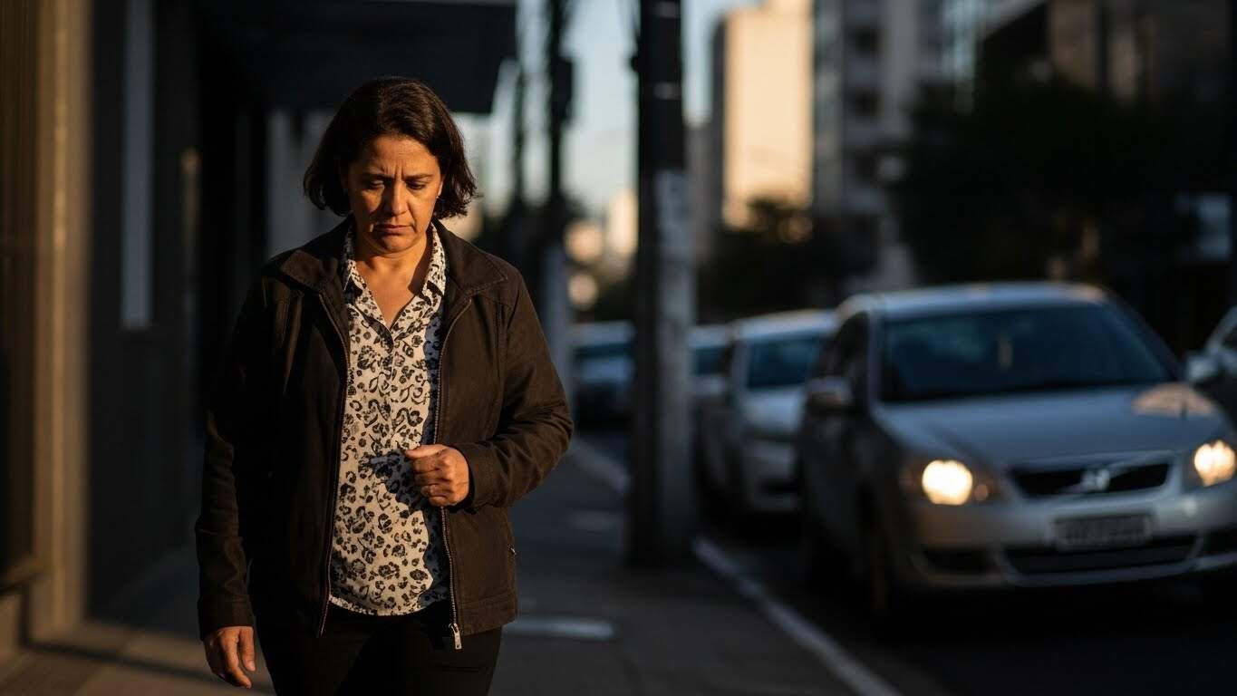 Imagem de mulher pensativa caminhando na rua ao entardecer, ilustrando momentos de reflexão e transição na cidade.