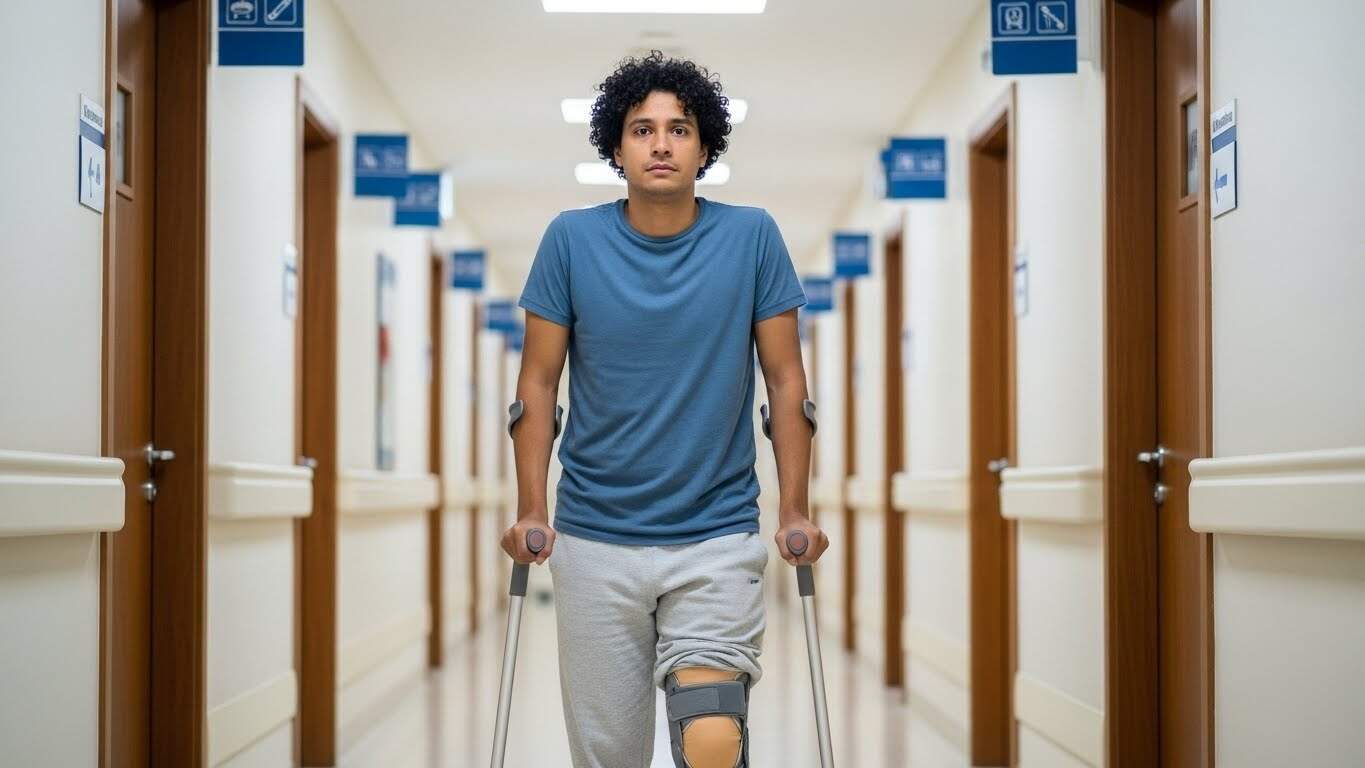 Homem com ajuda de andador em hospital com sinais de acessibilidade.