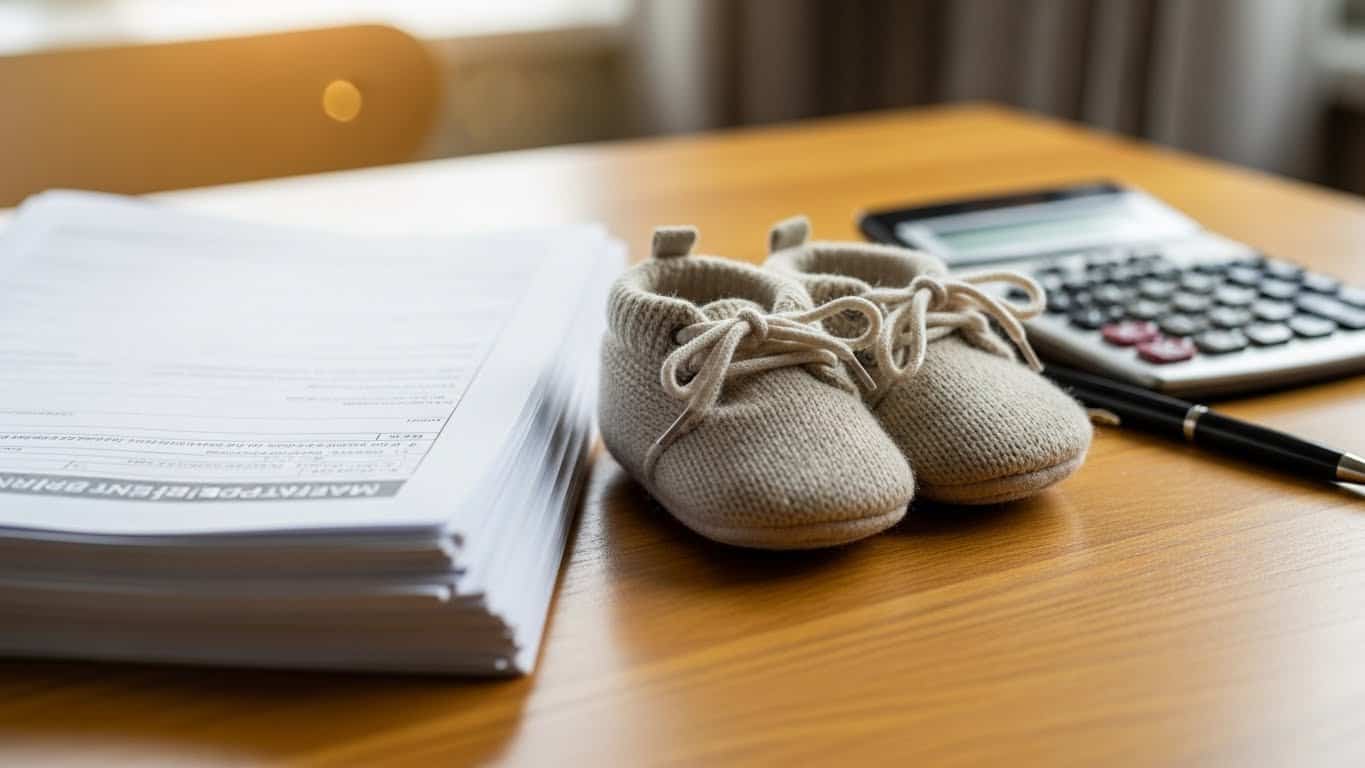 Sapatinhos de bebê, documentos, calculadora e caneta sobre mesa de escritório.