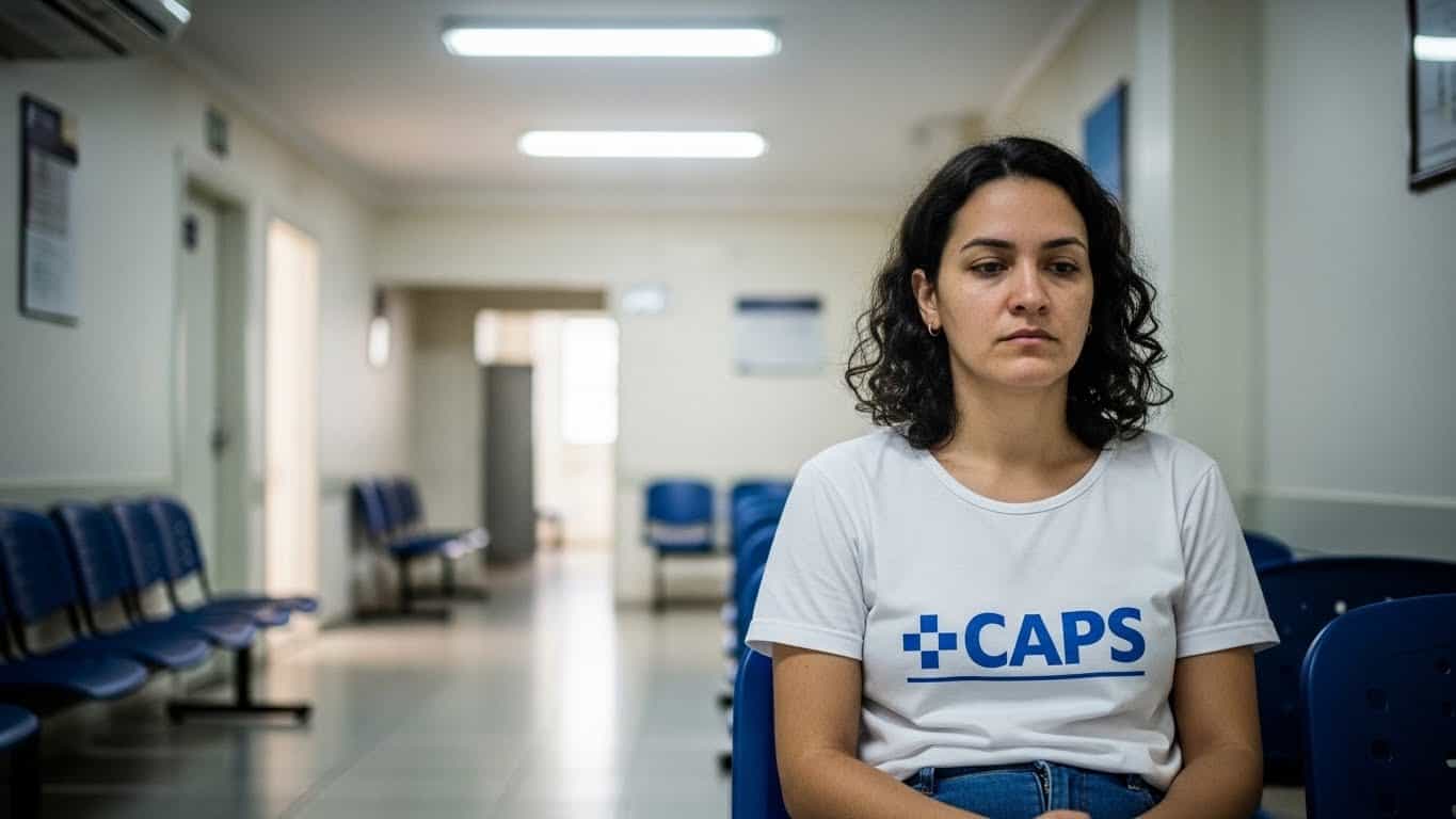 Imagem de mulher com expressão séria em sala de espera, usando camiseta com "CAPS" relacionada a tratamento de saúde mental.