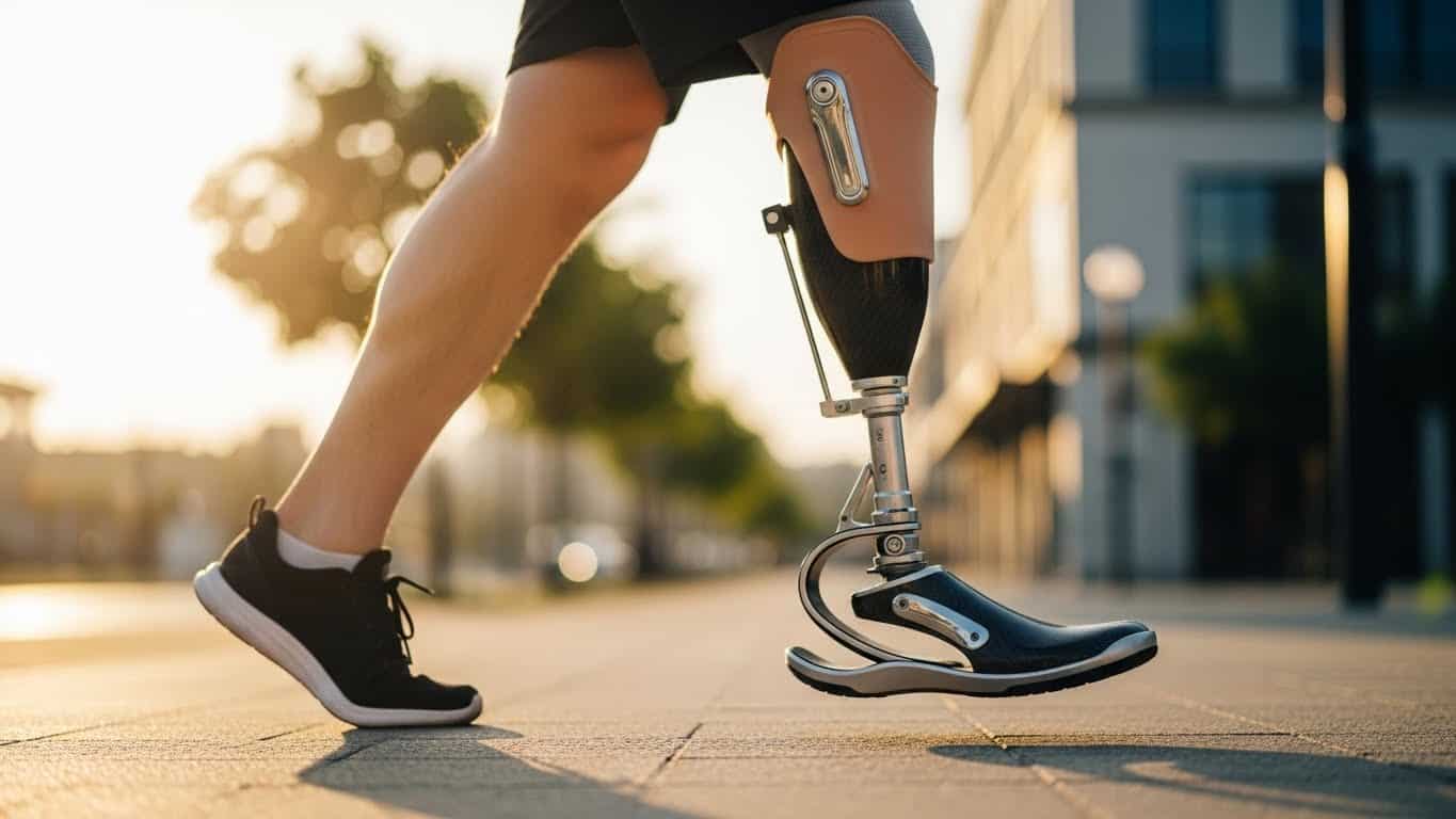 Prótese de perna tecnológica com design inovador para mobilidade eficiente.