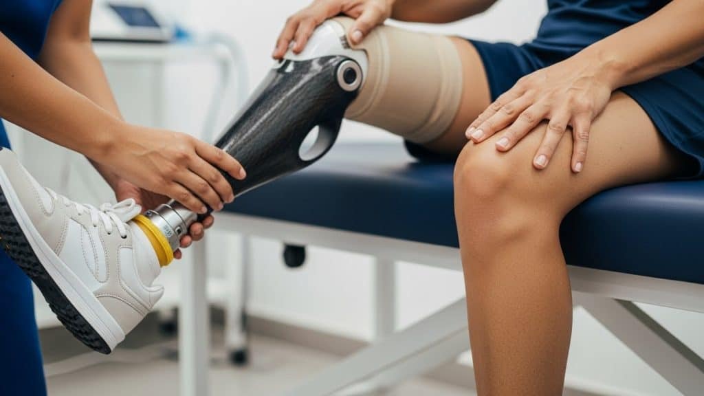 Técnico realizando terapia com pistola de ozônio na perna do paciente.