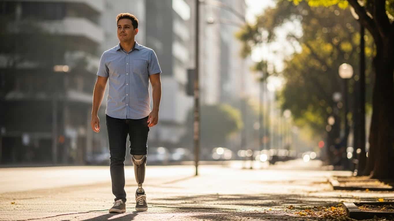 Homem com prótese na perna andando na rua ao pôr do sol, promovendo inclusão e saúde.