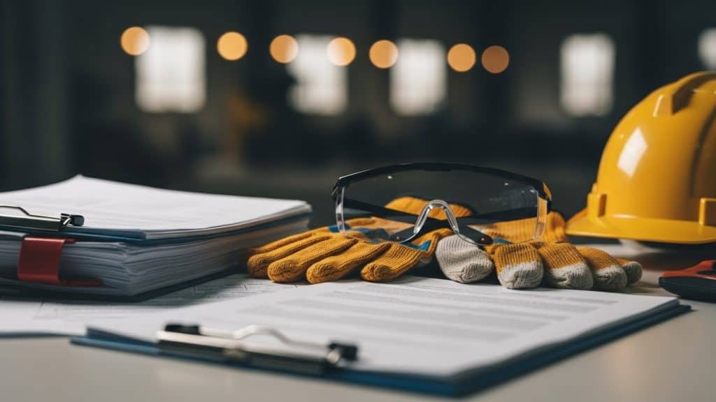 Óculos de proteção, capacete de segurança e luvas de trabalho em ambiente industrial.