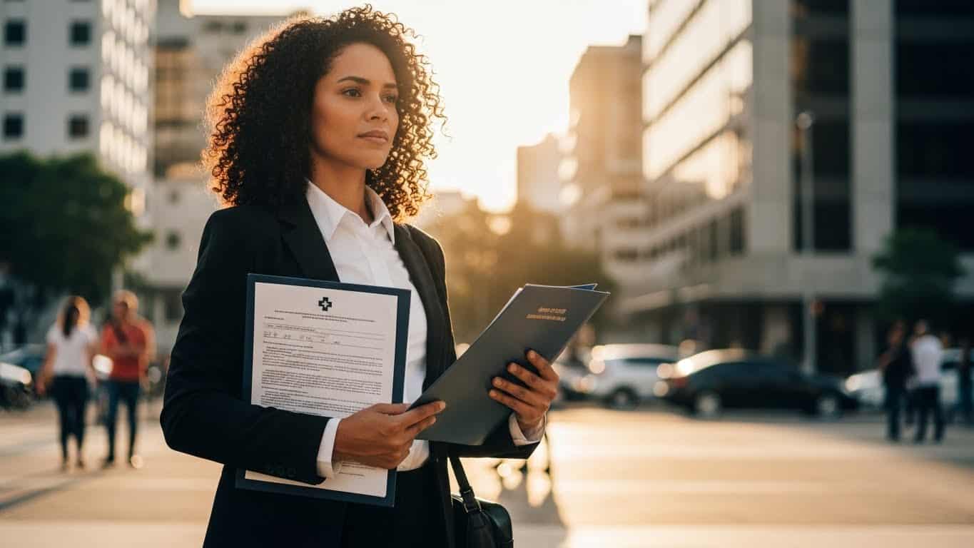 Imagem de mulher profissional na rua com documentos.