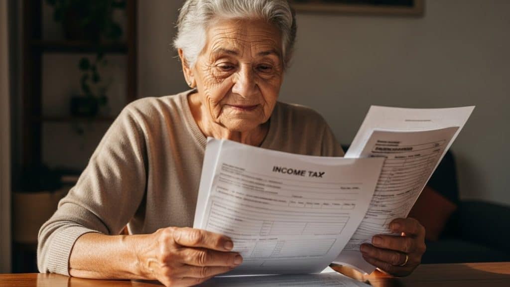 Pessoa idosa analisando declaração de imposto de renda.