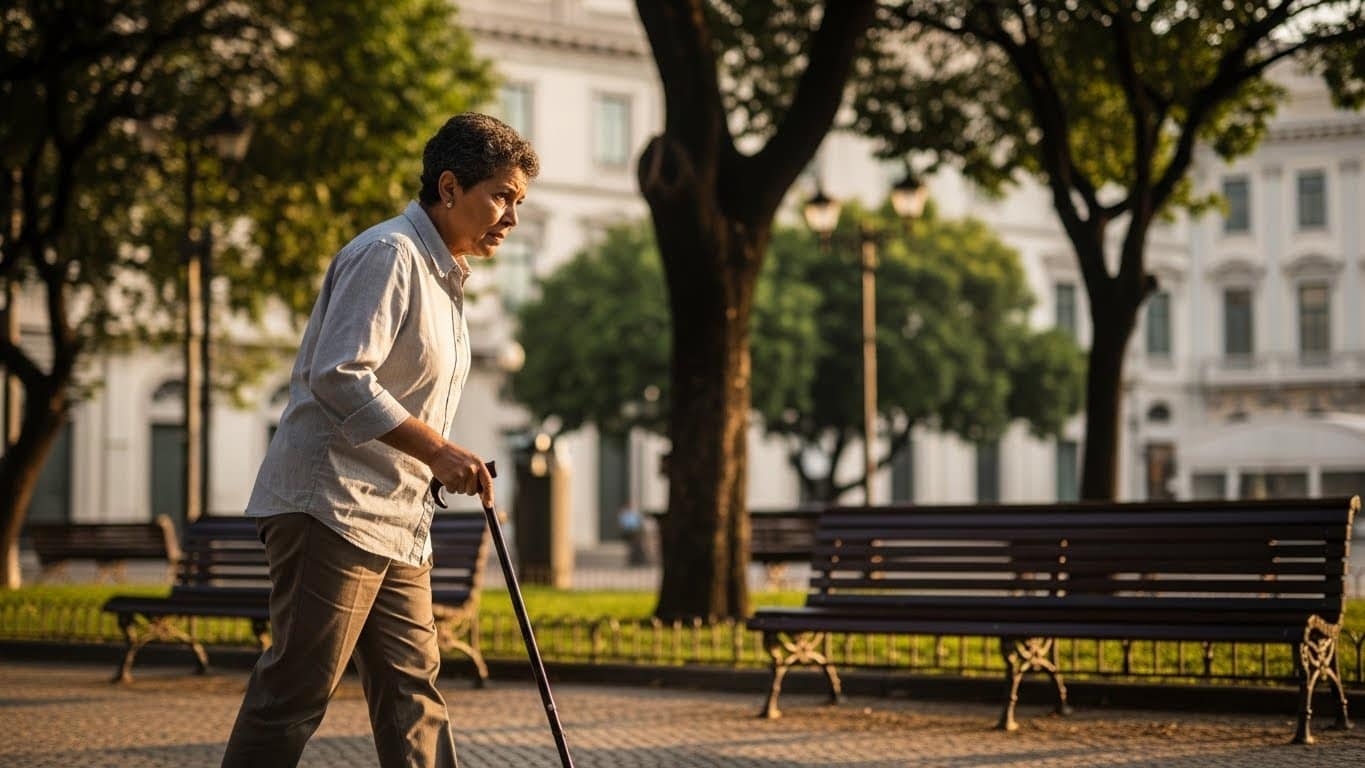 Pessoa idosa caminhando ao ar livre com bengala em parque urbano Ambiental e saúde na terceira idade.