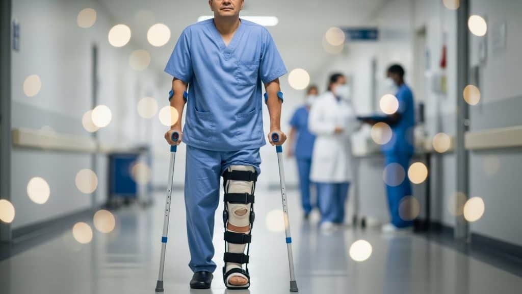 Reabilitação e cuidados com prótese na perna em ambiente hospitalar.