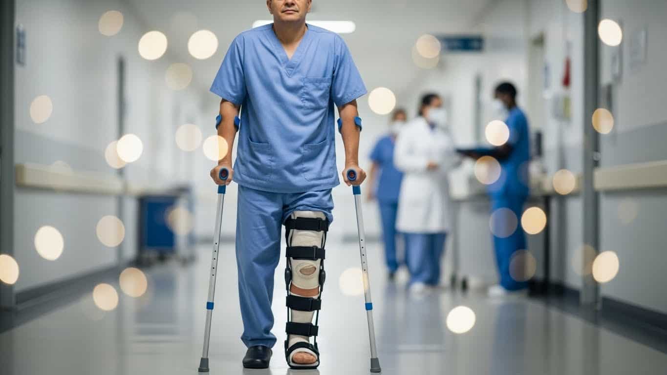 Reabilitação e cuidados com prótese na perna em ambiente hospitalar.