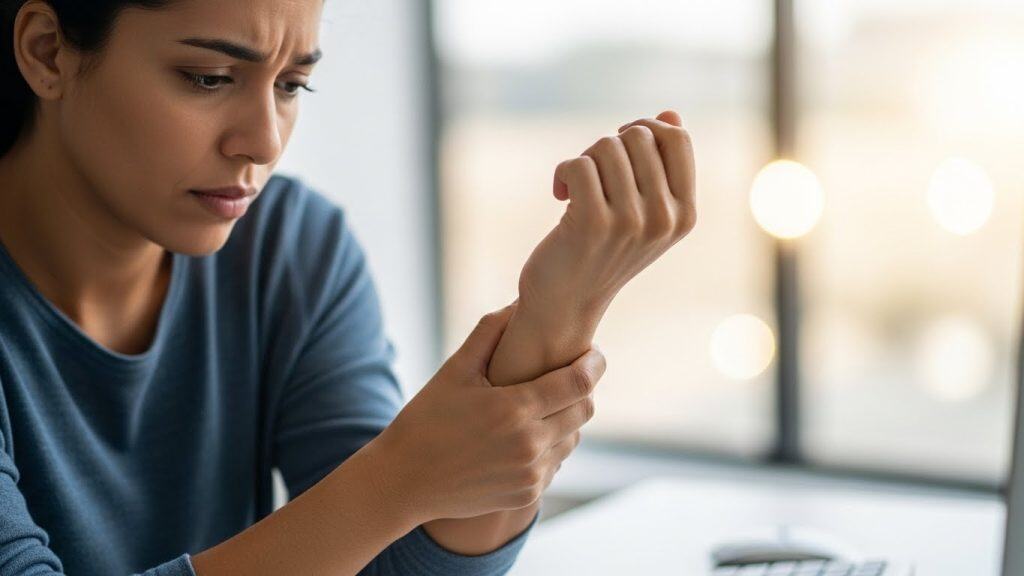 Paciente feminina com dor no pulso e sinal de ansiedade, bronzeada, usando camiseta azul, em ambiente interno com luz natural.