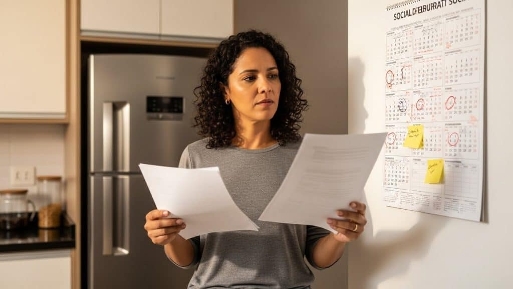 Descrição de uma mulher analisando calendário e papéis na cozinha moderna.