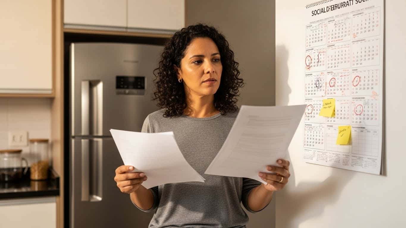 Descrição de uma mulher analisando calendário e papéis na cozinha moderna.