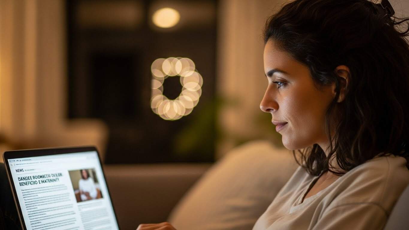 Imagem de mulher sorridente lendo conteúdo digital com foco em saúde e ozonoterapia.