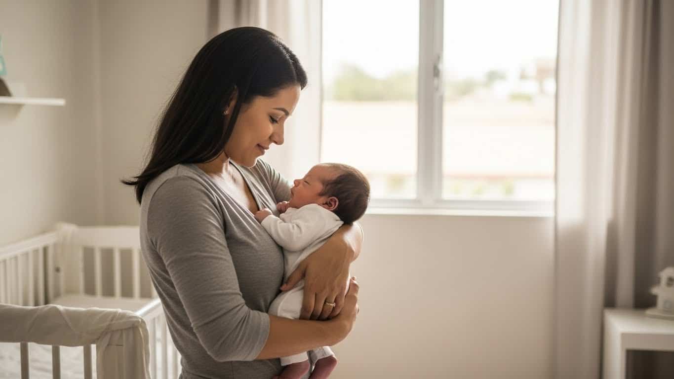 Mãe segura bebê recém-nascido em quarto iluminado por luz natural, simbolizando amor e cuidado paternal.