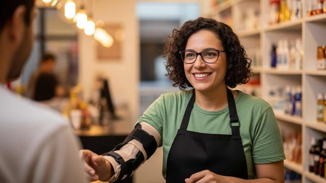 Mulher sorridente usando órtese no braço em farmácia ou loja de suplementos, promovendo produtos de reabilitação e bem-estar.