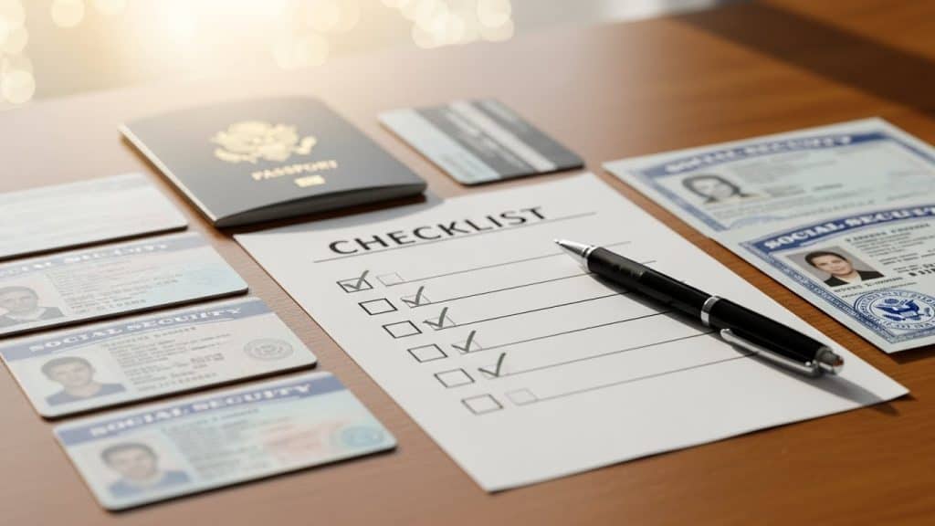 Imagem de passaportes, carteira de identidade, em uma mesa de controle de documentos.