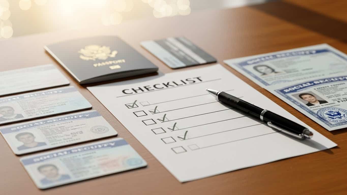 Imagem de passaportes, carteira de identidade, em uma mesa de controle de documentos.