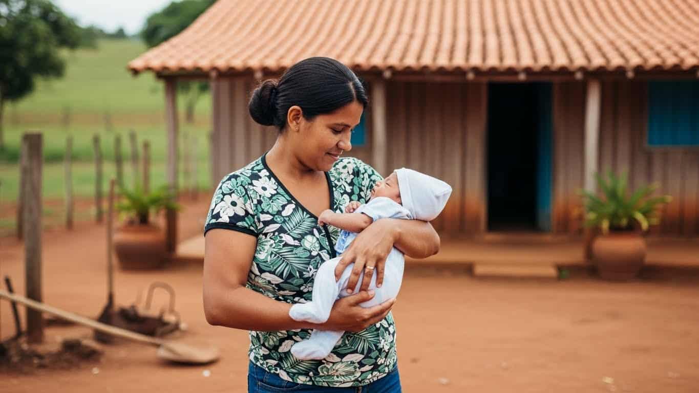 Mulher segurando bebê recém-nascido em ambiente rural, valorizando saúde e bem-estar.
