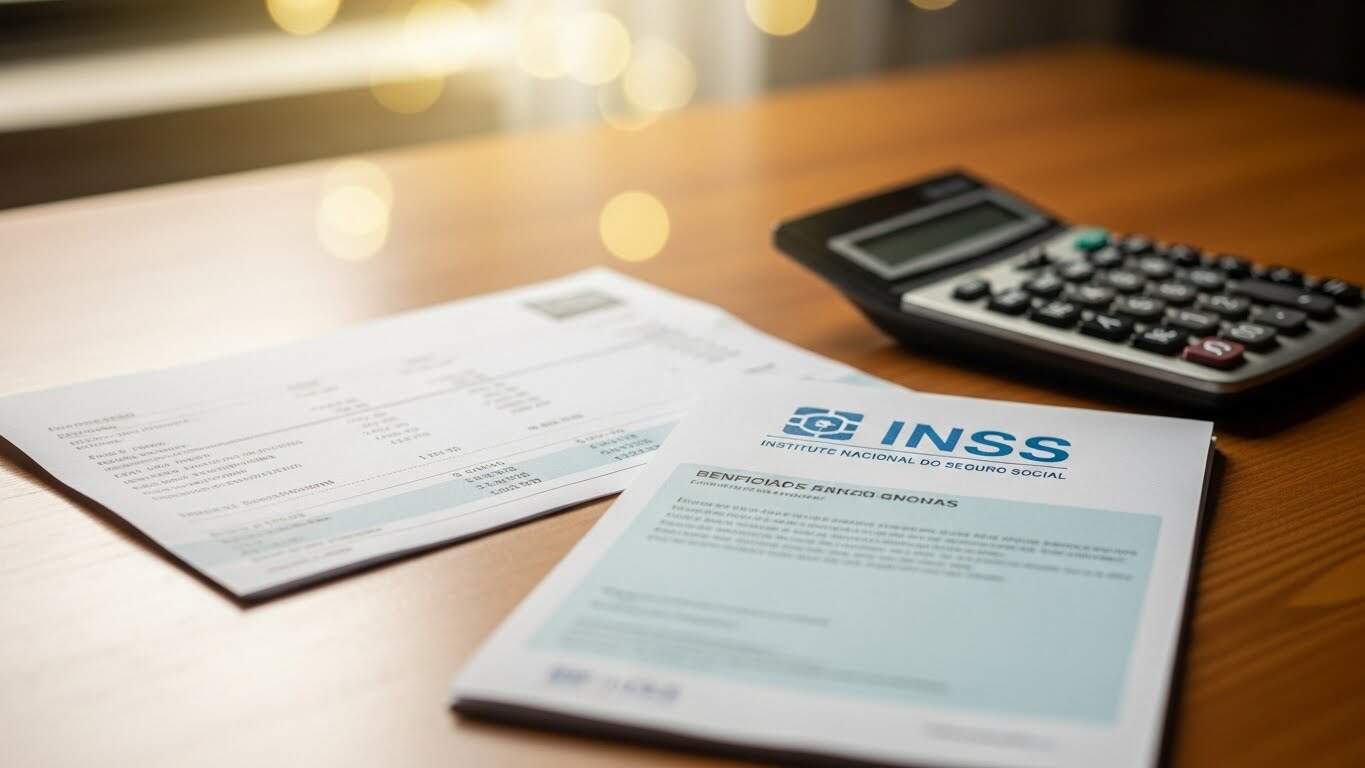Documento do INSS com cálculo de benefícios sociais e emissão de informações financeiras.