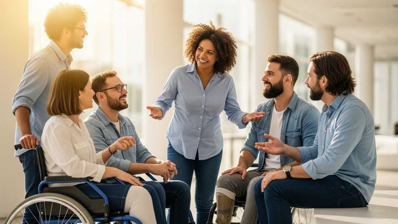 Imagem de grupo diversificado de pessoas discutindo de forma engajada em ambiente moderno e bem iluminado.