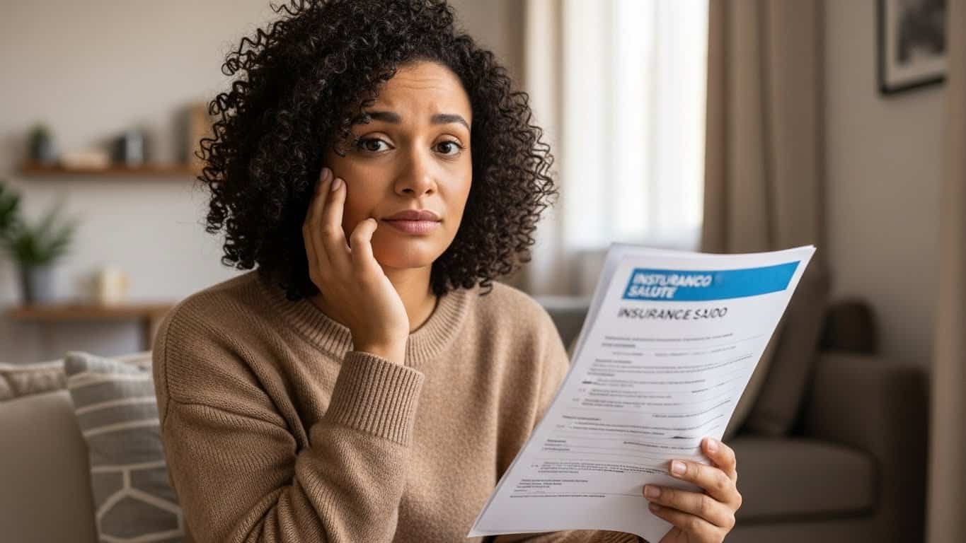 Mulher preocupada com documento de seguro de saúde, conceito de proteção e assistência médica.