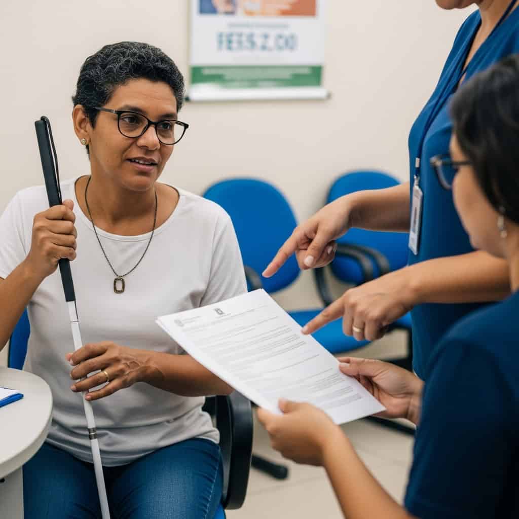 Imagem de uma profissional de saúde conversando com paciente, discutindo documentos clínicos em ambiente hospitalar.