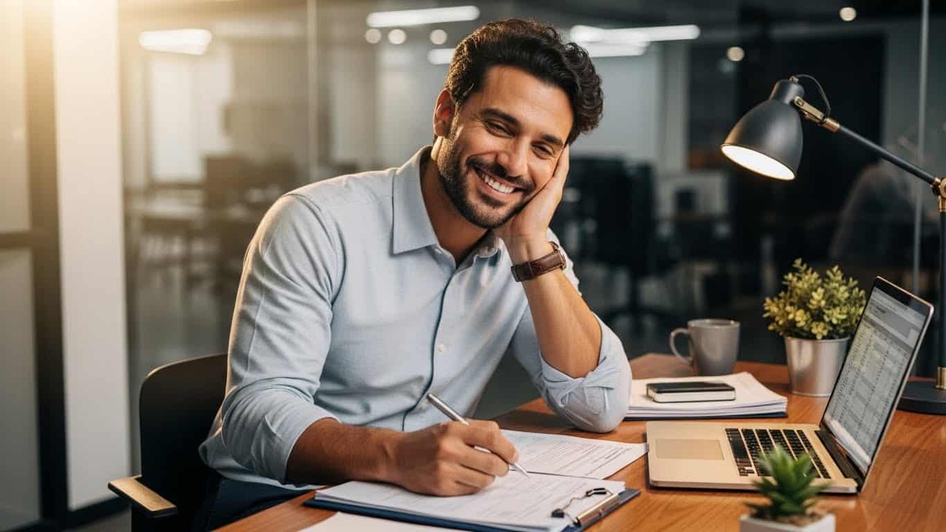 Imagem de um homem sorridente em ambiente de escritório, com laptop, papéis e iluminação de destaque, representando inovação e sucesso.