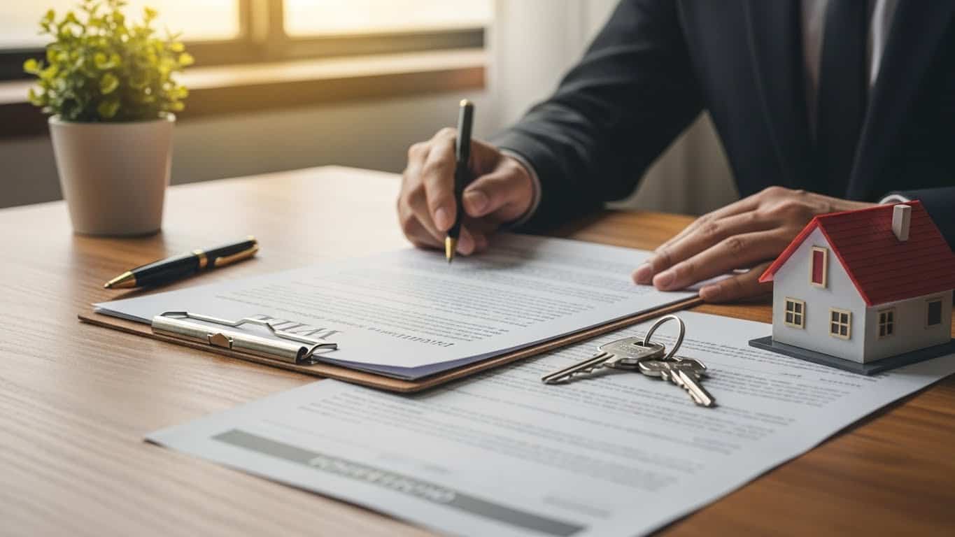 Contrato de financiamento imobiliário assinado por homem de terno.