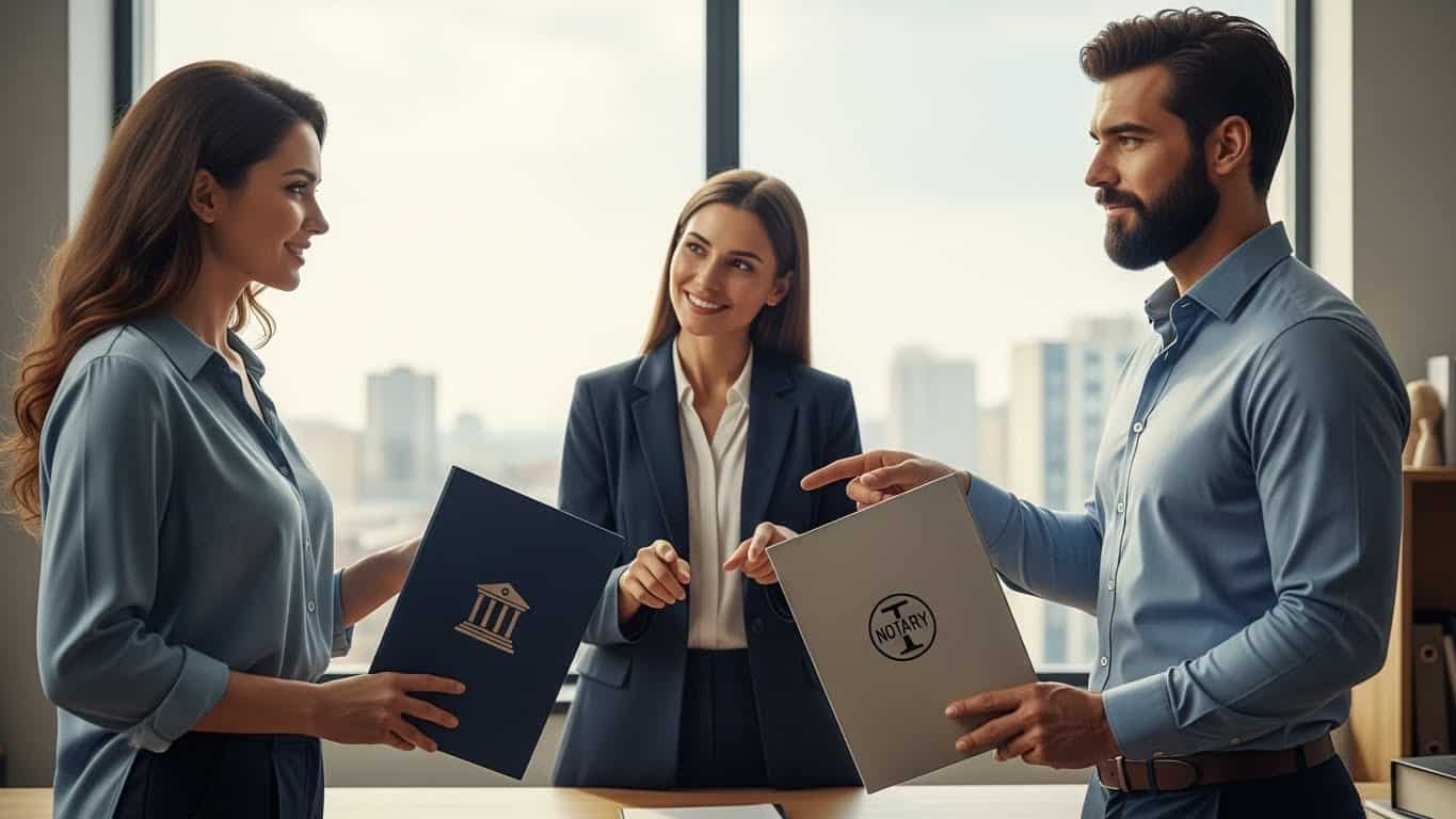 Profissionais trocando documentos jurídicos em escritório moderno.