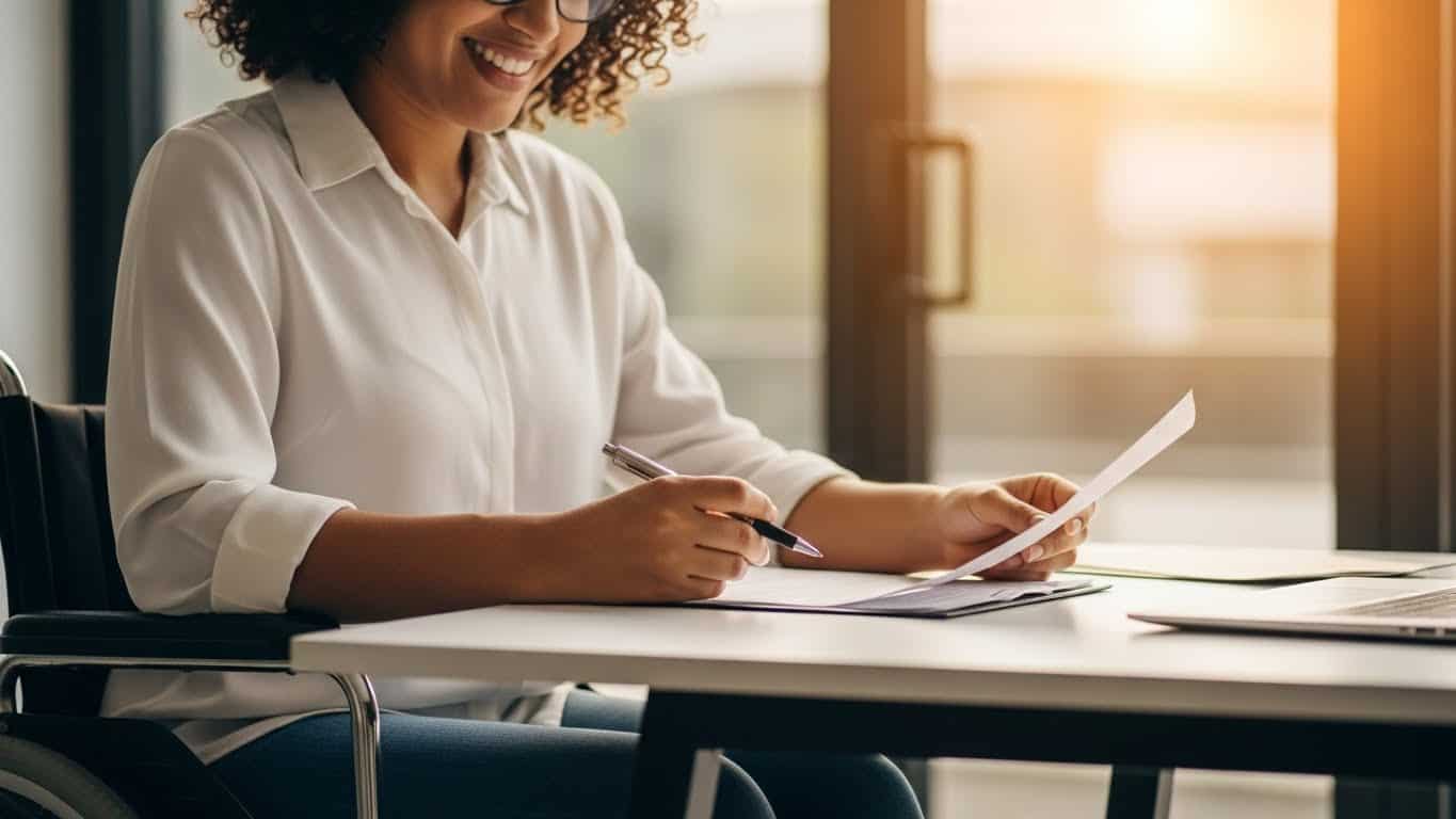 Imagem de mulher sorridente analisando documento em ambiente de escritório, simbolizando inovação em saúde com ozônio.