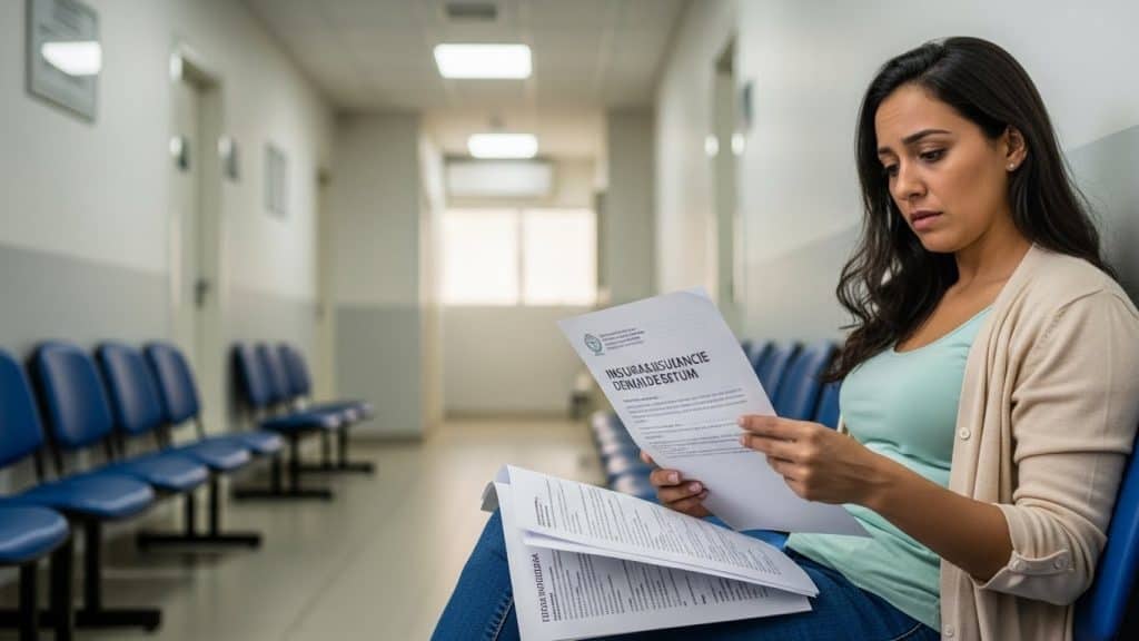 Imagem de uma mulher no consultório de saúde lendo documentos médicos, simbolizando cuidado e atenção em processos de saúde.