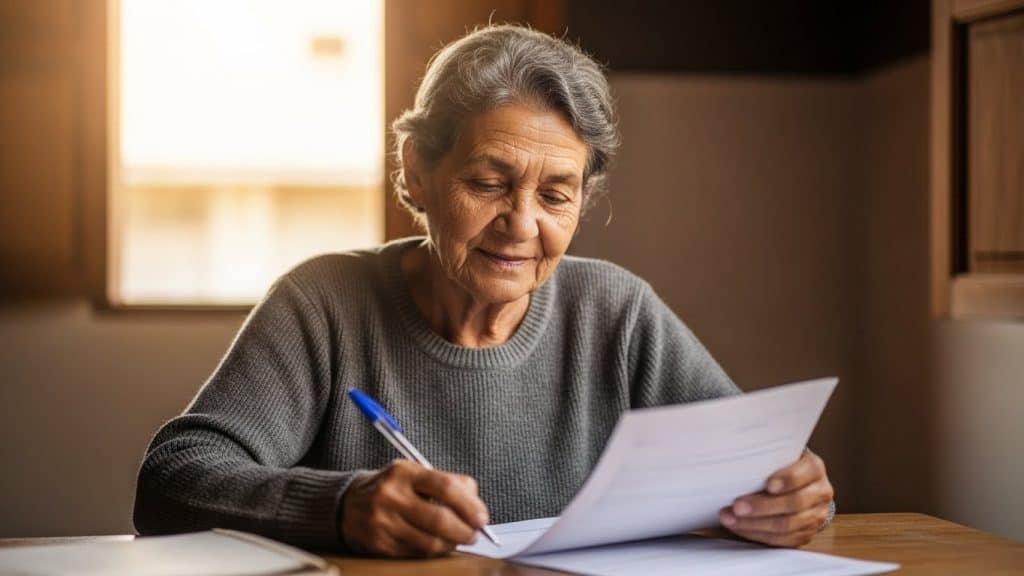 Imagem de uma idosa concentrada ao ler um documento, promovendo saúde e bem-estar em idosos, com ênfase em terapias naturais.