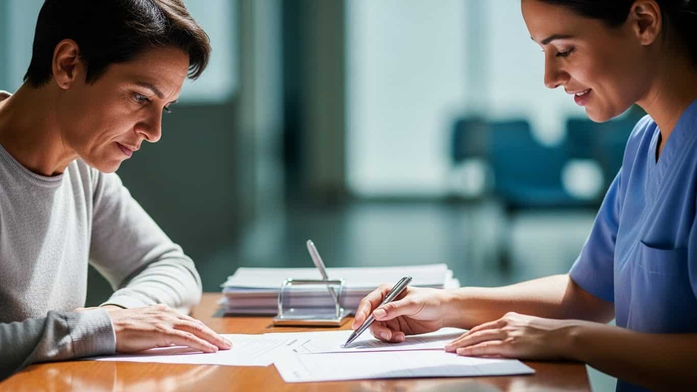 Imagem de uma consulta médica entre uma paciente e uma profissional de saúde.