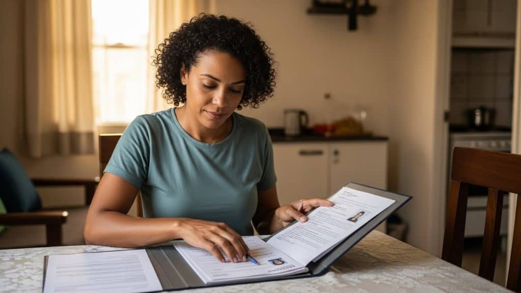 Mulher revisando currículo com materiais de Ozon & Tommasi, foco em formação e qualificação profissional.