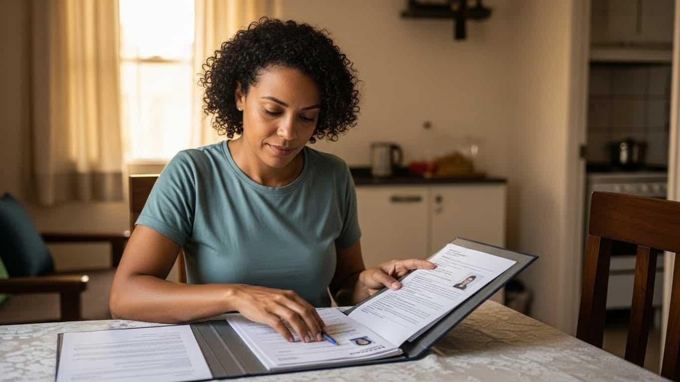 Ozon & Tommasi. Mulher revisando currículo com materiais de Ozon & Tommasi, foco em formação e qualificação profissional.