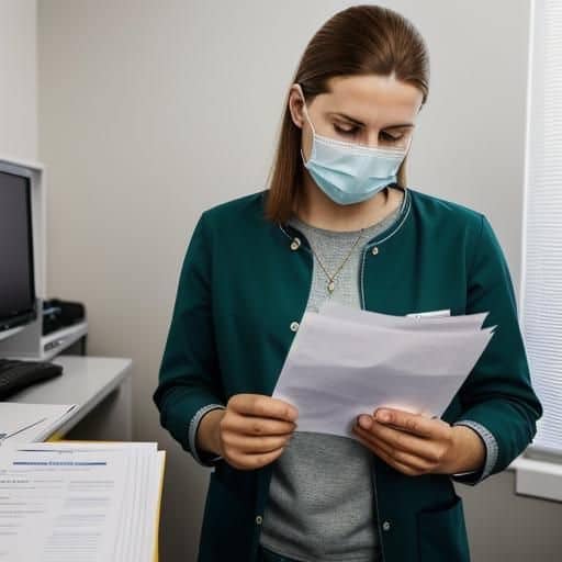 Imagem de uma profissional de saúde conversando com paciente, discutindo documentos clínicos em ambiente hospitalar.