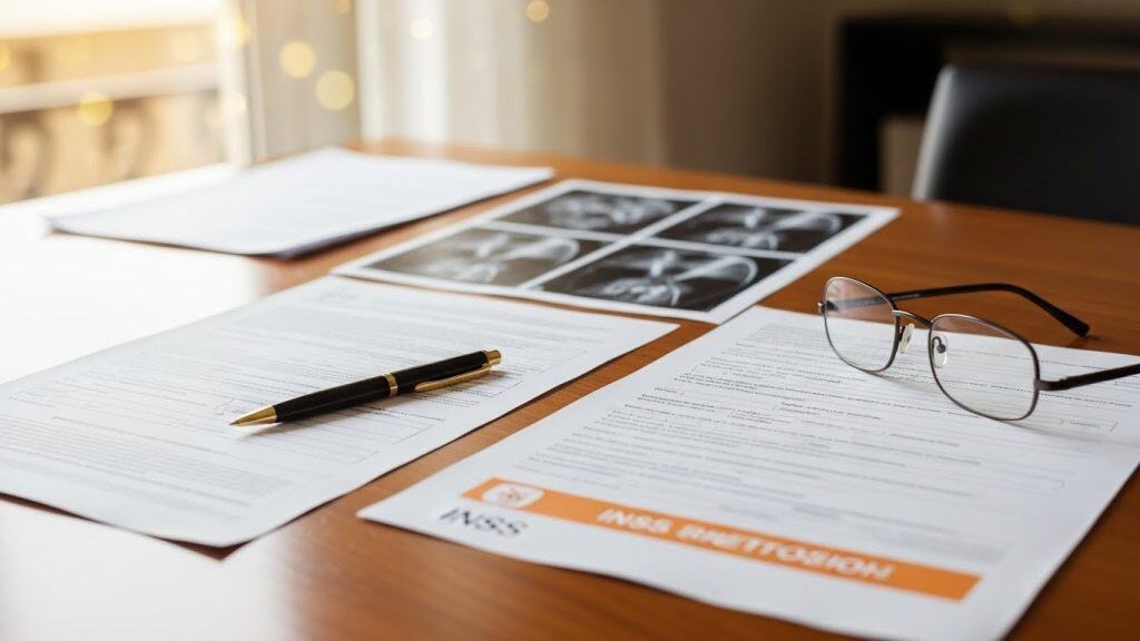 Óculos e documentos médicos, radiografias e formulários clínicos ligados ao tratamento e diagnóstico médico.