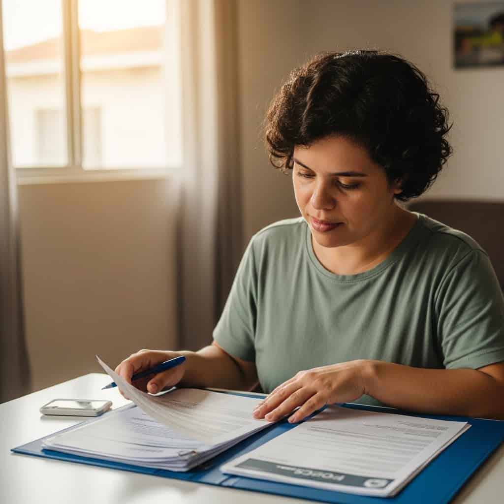Imagem de uma profissional de saúde conversando com paciente, discutindo documentos clínicos em ambiente hospitalar.